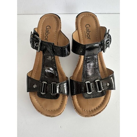 Gabor Womens‎ Black Patent Leather Slip On Sandals UK 6 US 8.5 Cork Wedge Comfy - Picture 3 of 12